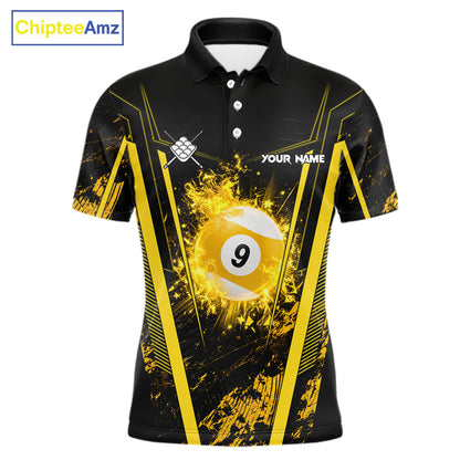 Custom Yellow and Black Grunge 9 Ball Pool Polo Shirt Designed for Personalized Billiard Team Jerseys with Bold Competitive League Style