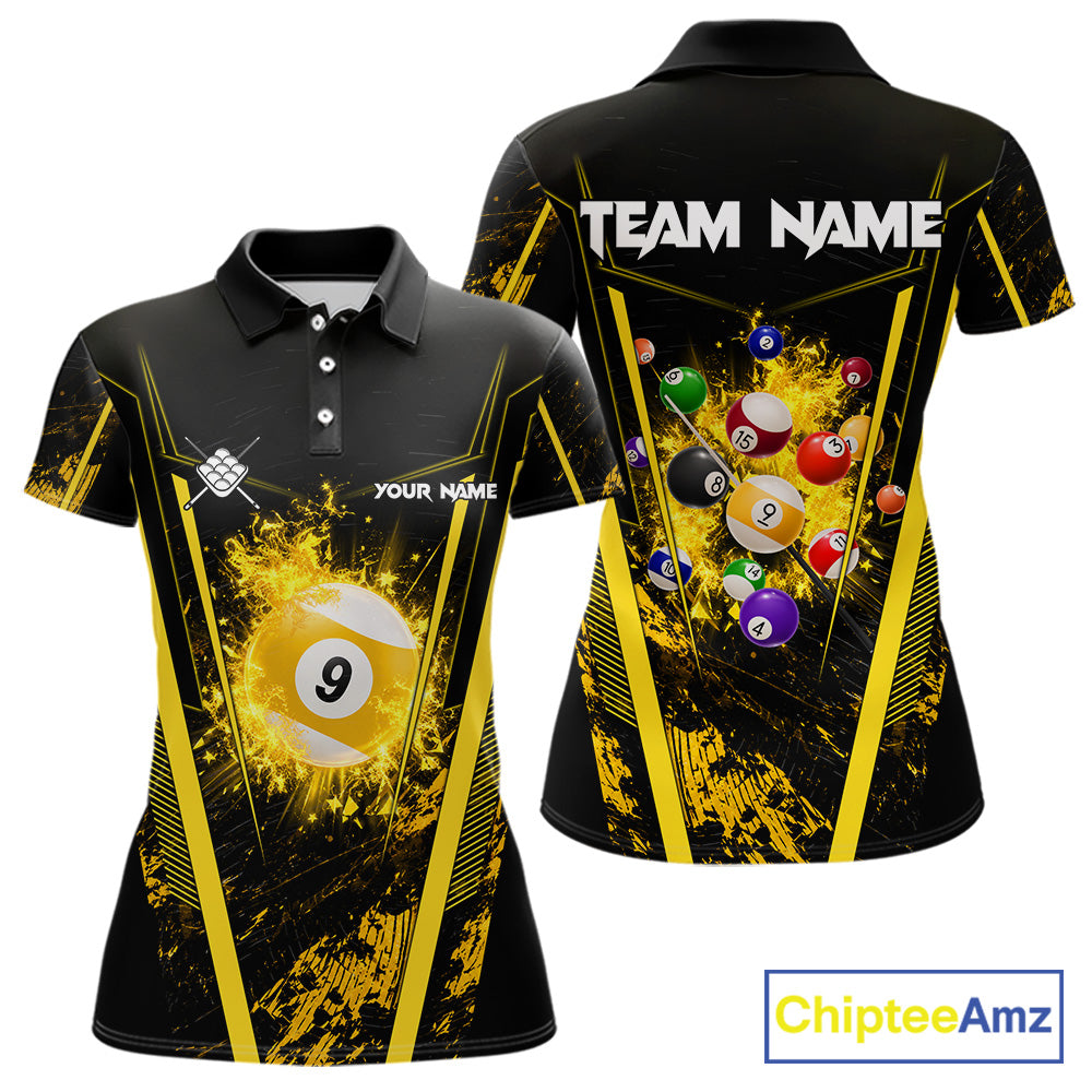 Yellow and Black Grunge 9 Ball Pool Billiard Polo Shirt Featuring a Bold Custom Design for Women's Pool League Players and Team Competition