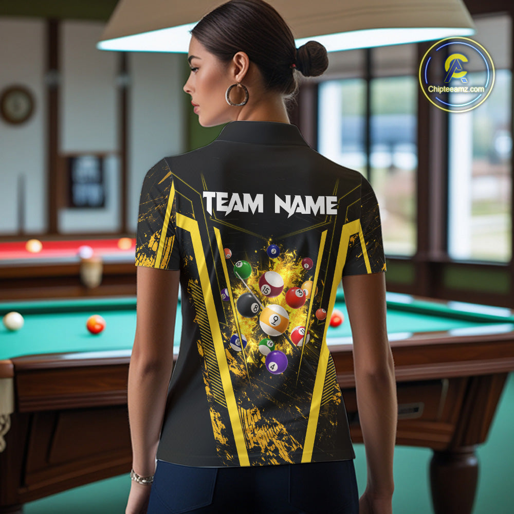 Woman Wearing Yellow and Black Grunge 9 Ball Custom Pool Team Jersey Featuring the Complete Rear Graphic Design, Back View