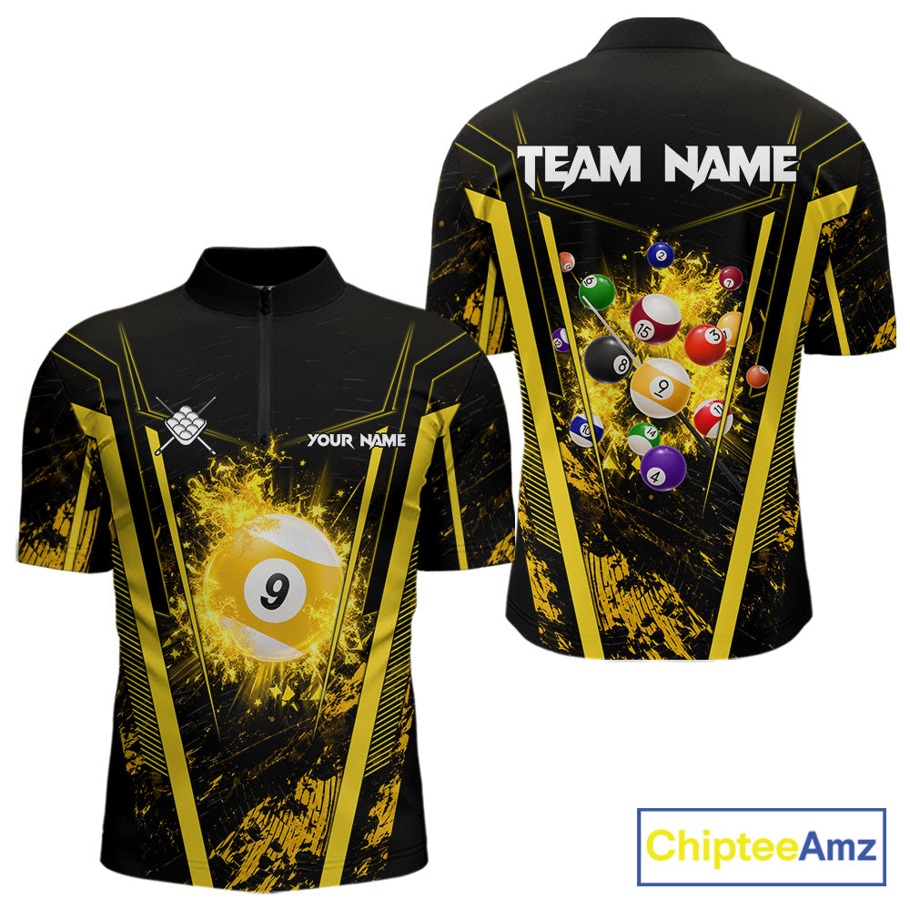 Yellow and Black Grunge 9 Ball Quarter Zip Billiard Shirt Created for Pool League Players with Custom Team Jersey Design and Athletic Performance