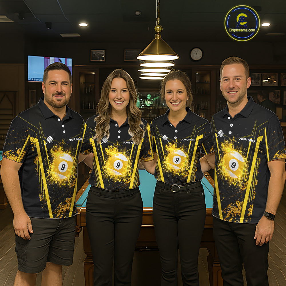 Pool Team Wearing Yellow and Black Grunge 9 Ball Personalized Billiard Jerseys During League Matches and Tournament Competition, Front View