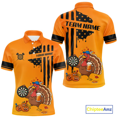 Custom Orange Funny Drunk Turkey US Flag Darts Jerseys For Men, Thanksgiving Darts Team Shirts TDM7279