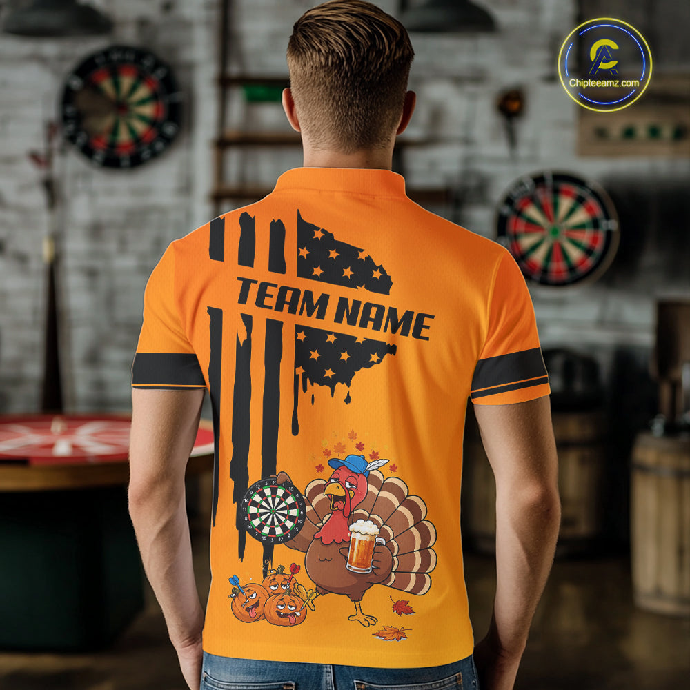 Custom Orange Funny Drunk Turkey US Flag Darts Jerseys For Men, Thanksgiving Darts Team Shirts TDM7279