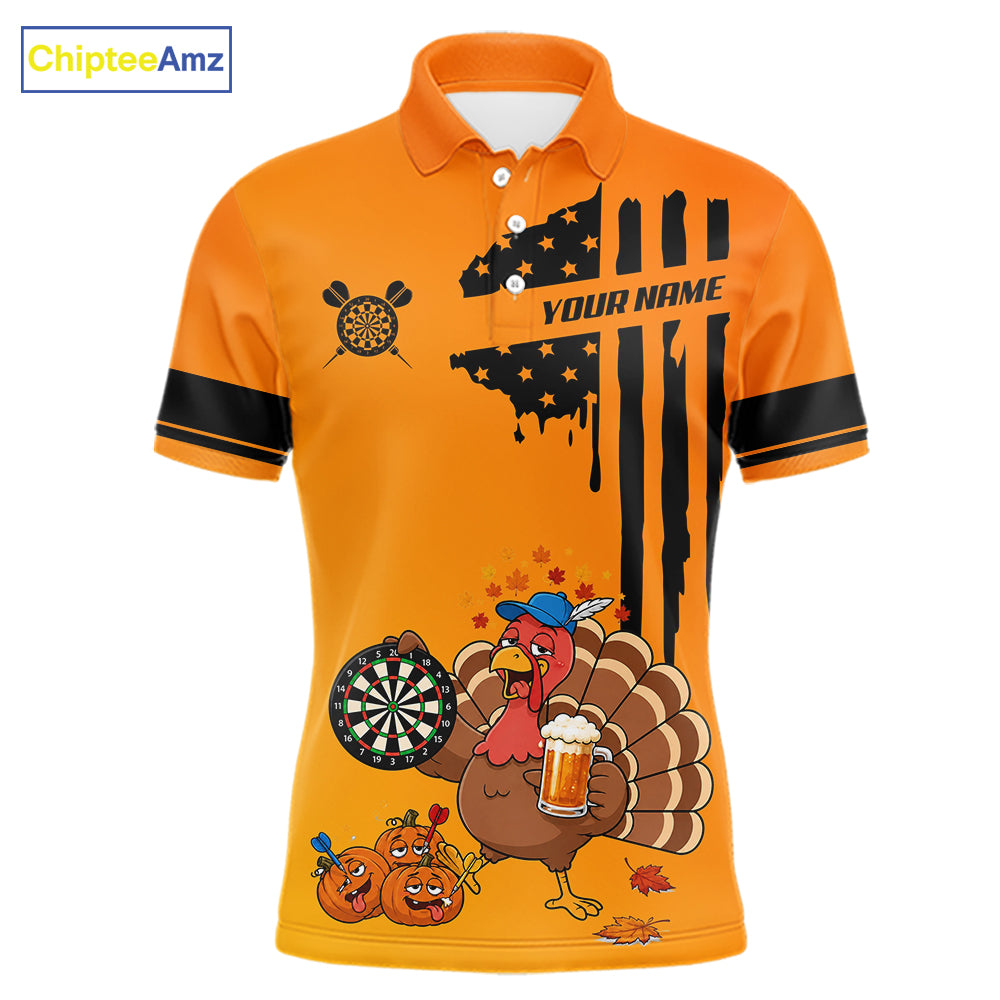 Custom Orange Funny Drunk Turkey US Flag Darts Jerseys For Men, Thanksgiving Darts Team Shirts TDM7279
