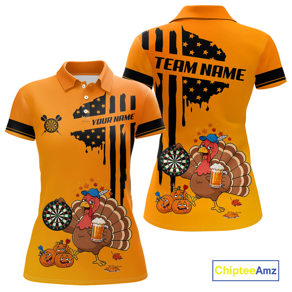 Custom Orange Funny Drunk Turkey US Flag Darts Jerseys For Women, Thanksgiving Darts Team Shirts TDM7279