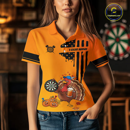 Custom Orange Funny Drunk Turkey US Flag Darts Jerseys For Women, Thanksgiving Darts Team Shirts TDM7279