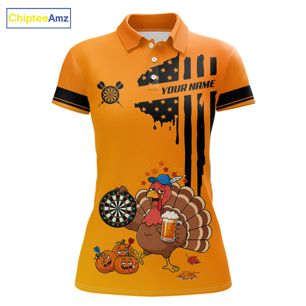 Custom Orange Funny Drunk Turkey US Flag Darts Jerseys For Women, Thanksgiving Darts Team Shirts TDM7279