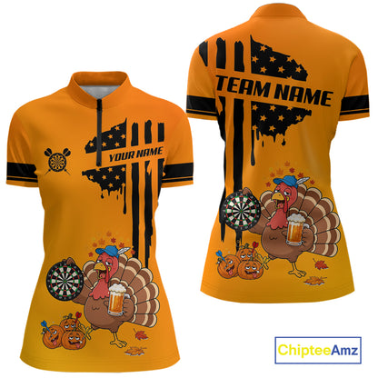 Custom Orange Funny Drunk Turkey US Flag Darts Jerseys For Women, Thanksgiving Darts Team Shirts TDM7279