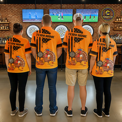 Custom Orange Funny Drunk Turkey US Flag Darts Jerseys For Men, Thanksgiving Darts Team Shirts TDM7279