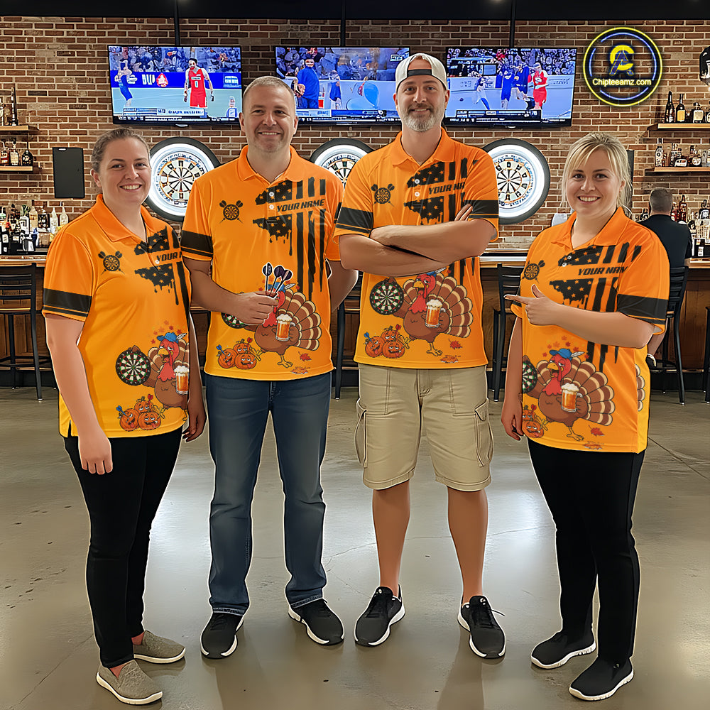 Custom Orange Funny Drunk Turkey US Flag Darts Jerseys For Men, Thanksgiving Darts Team Shirts TDM7279