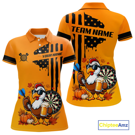 Custom Orange Funny Turkey Beer US Flag Darts Jerseys For Women, Thanksgiving Darts Team Shirts TDM7280