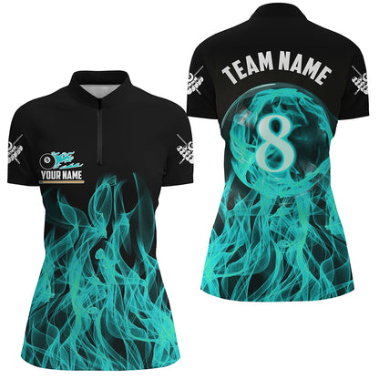 3D Turquoise Flaming 8 Ball Pool Women Billiard Polo & 1/4 Zip Shirt Custom Pool Player Jersey TDM2772
