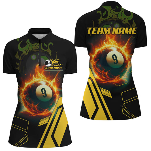 Billiard Flaming 9 Ball Pool 3D Printed Women Quarter-Zip Shirts, Custom Pool Team Jerseys TDM0945