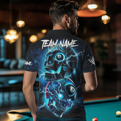 Personalized Blue Billiard 8 Ball Skull Billiard Polo & 1/4 Zip For Men, Lightning Billiard Jerseys TDM3747