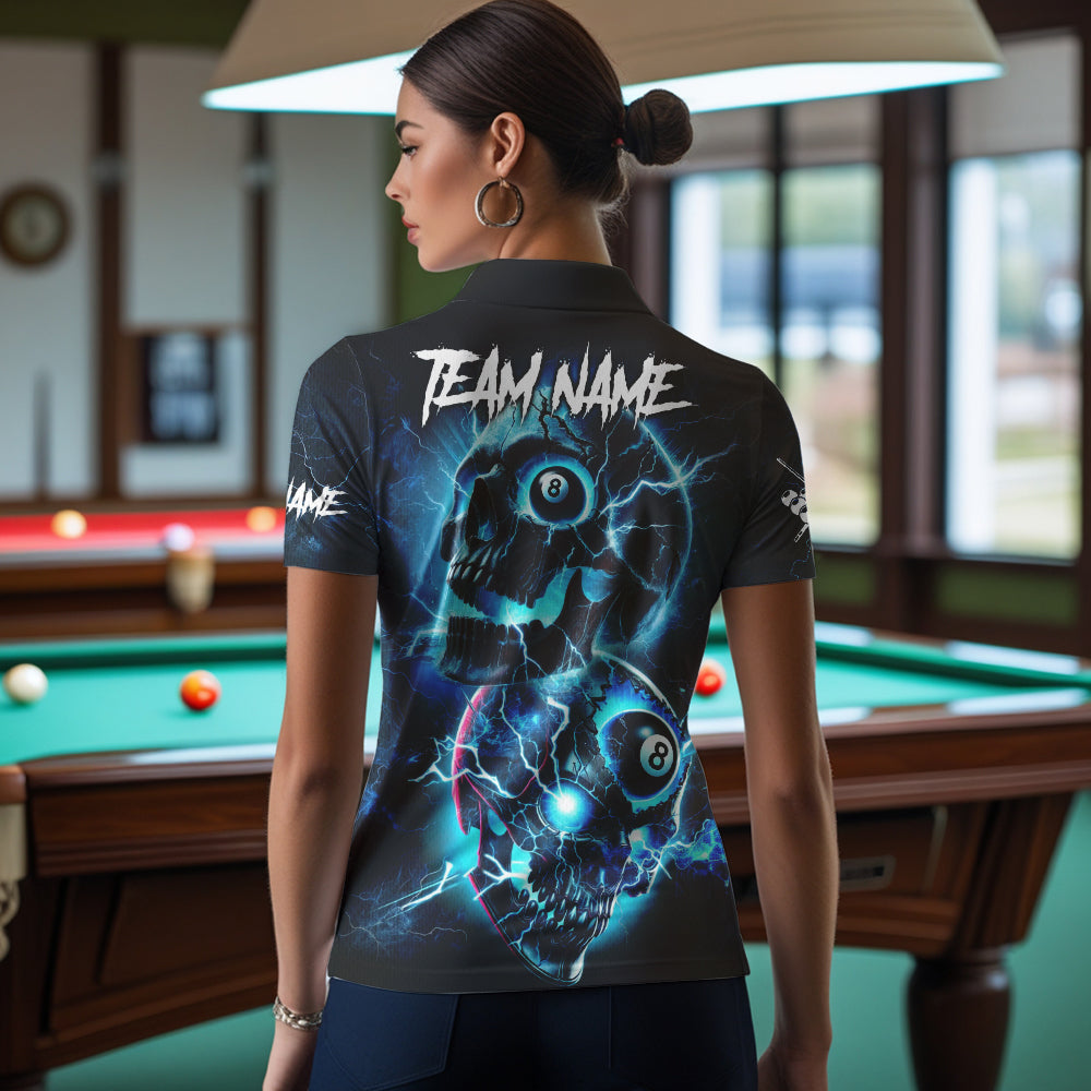 Personalized Blue Billiard 8 Ball Skull Billiard Polo & 1/4 Zip For Women, Lightning Billiard Jerseys TDM3747