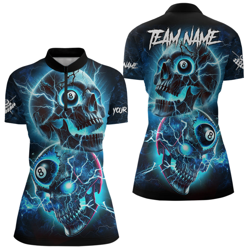 Personalized Blue Billiard 8 Ball Skull Billiard Polo & 1/4 Zip For Women, Lightning Billiard Jerseys TDM3747