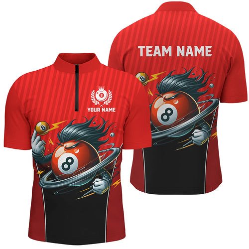 Customized Red Billiard 8 Ball Funny Cartoon Men Quarter-Zip Shirts, Billiard Shirts Funny TDM1481