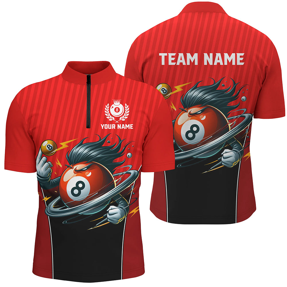 Customized Red Billiard 8 Ball Funny Cartoon Men Quarter-Zip Shirts, Billiard Shirts Funny TDM1481