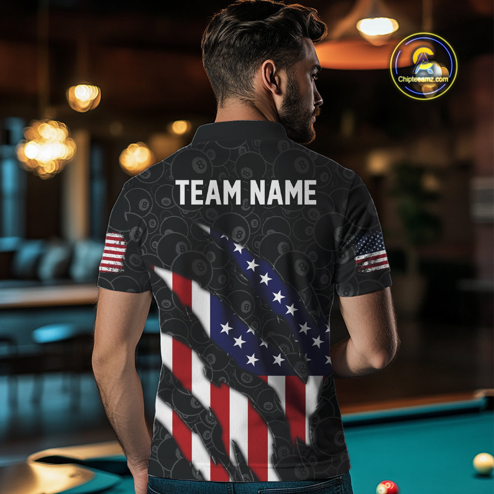 Personalized American Flag Billiard Shirts For Men, Patriotic 8 Ball Pool Team Jersey | Black TDM4027
