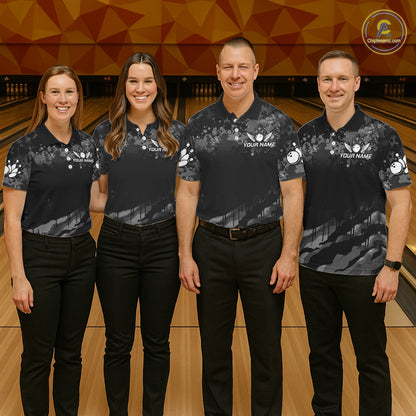 Custom Black And Grey Camo Bowling Shirt For Men, Grunge Bowling Team Jersey Polo & 1/4 Zip TDM6543