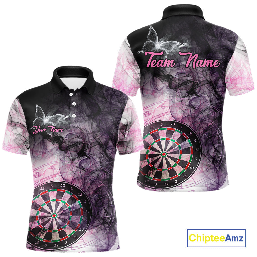 Pink butterfly smoke darts polo shirt for men with custom darts team graphics.