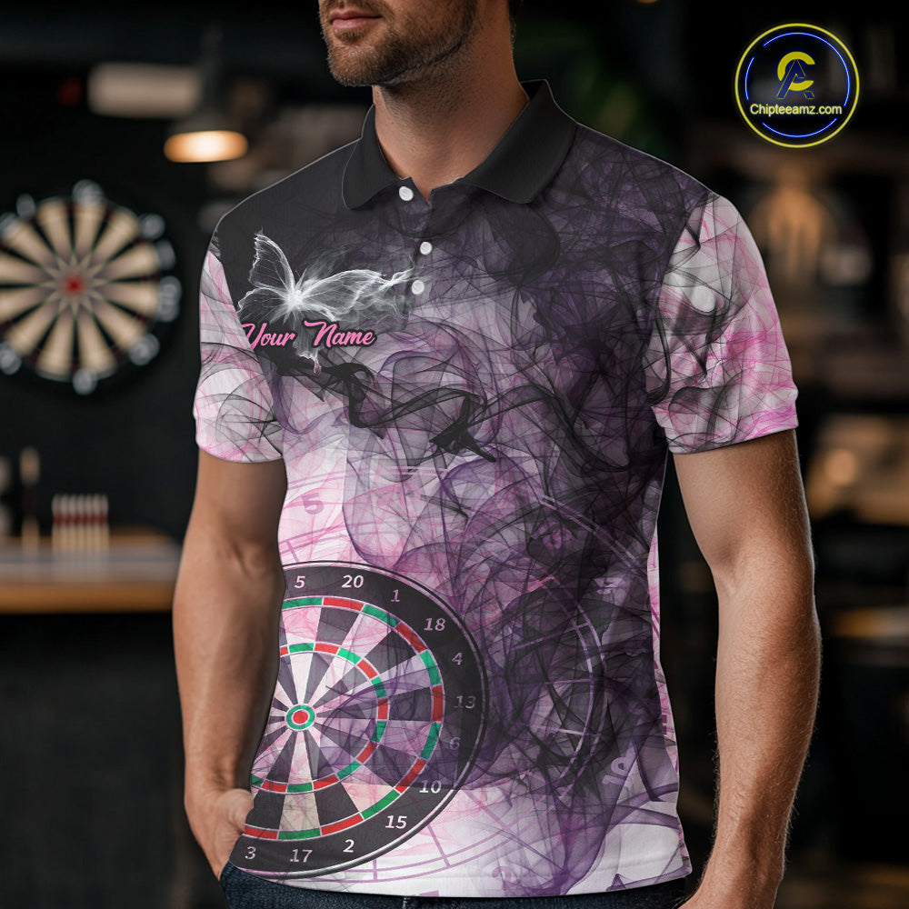 Man wearing a pink butterfly smoke darts jersey front view.
