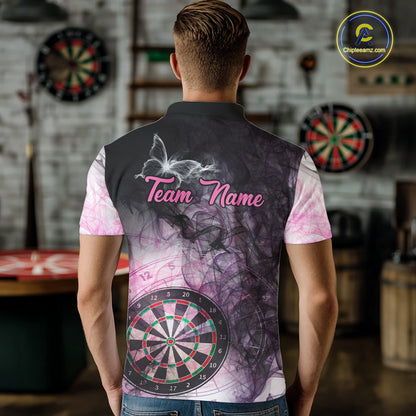 Back view of man wearing a pink butterfly smoke darts shirt.