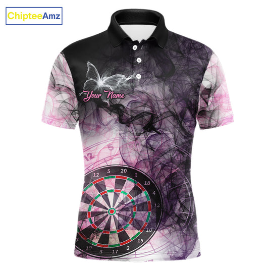 Pink butterfly smoke darts polo shirt for men with custom darts team graphics.