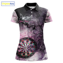Load image into Gallery viewer, Pink butterfly smoke darts polo shirt for women with custom darts team graphics.