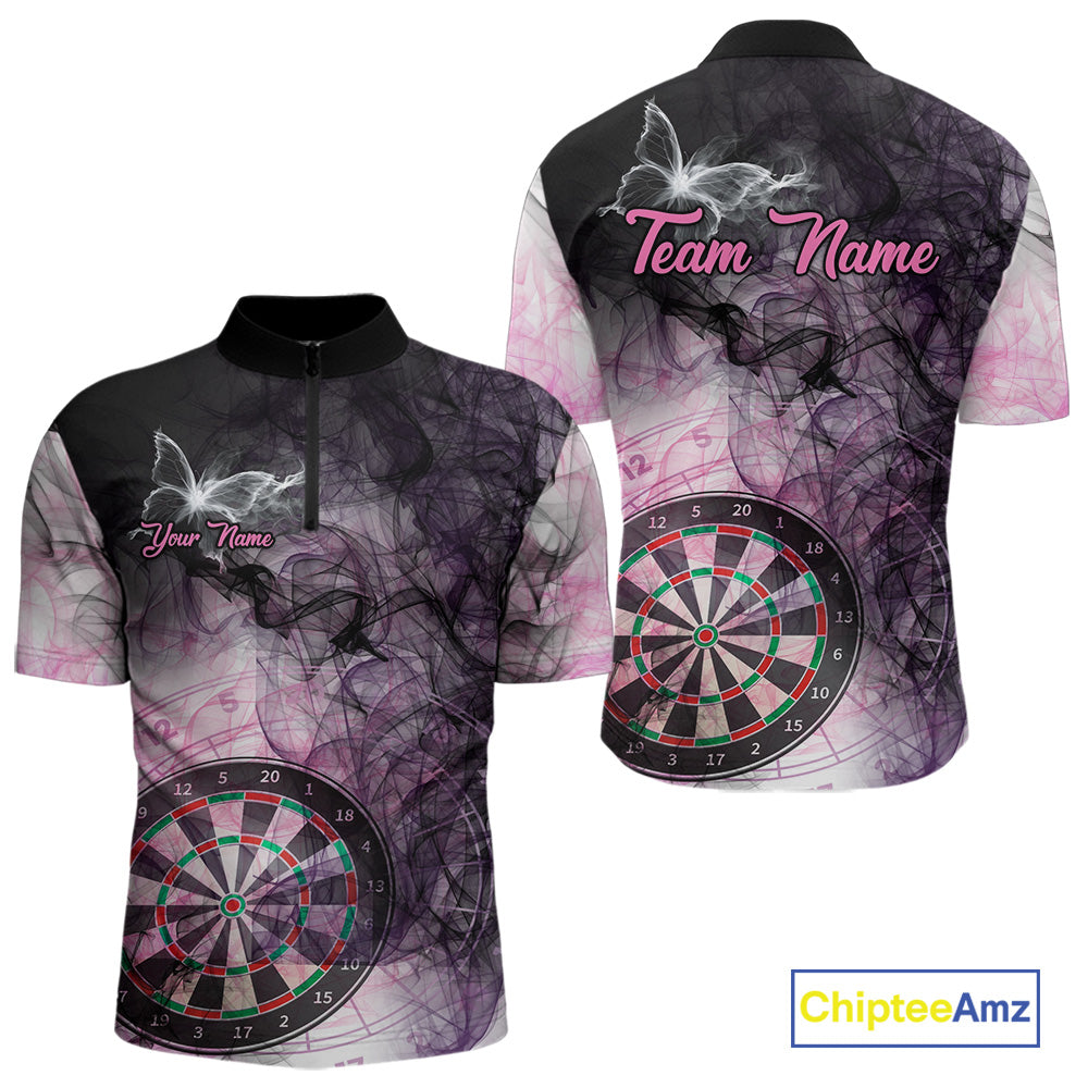 Pink butterfly smoke darts quarter zip shirt for men designed for league tournaments and team events.