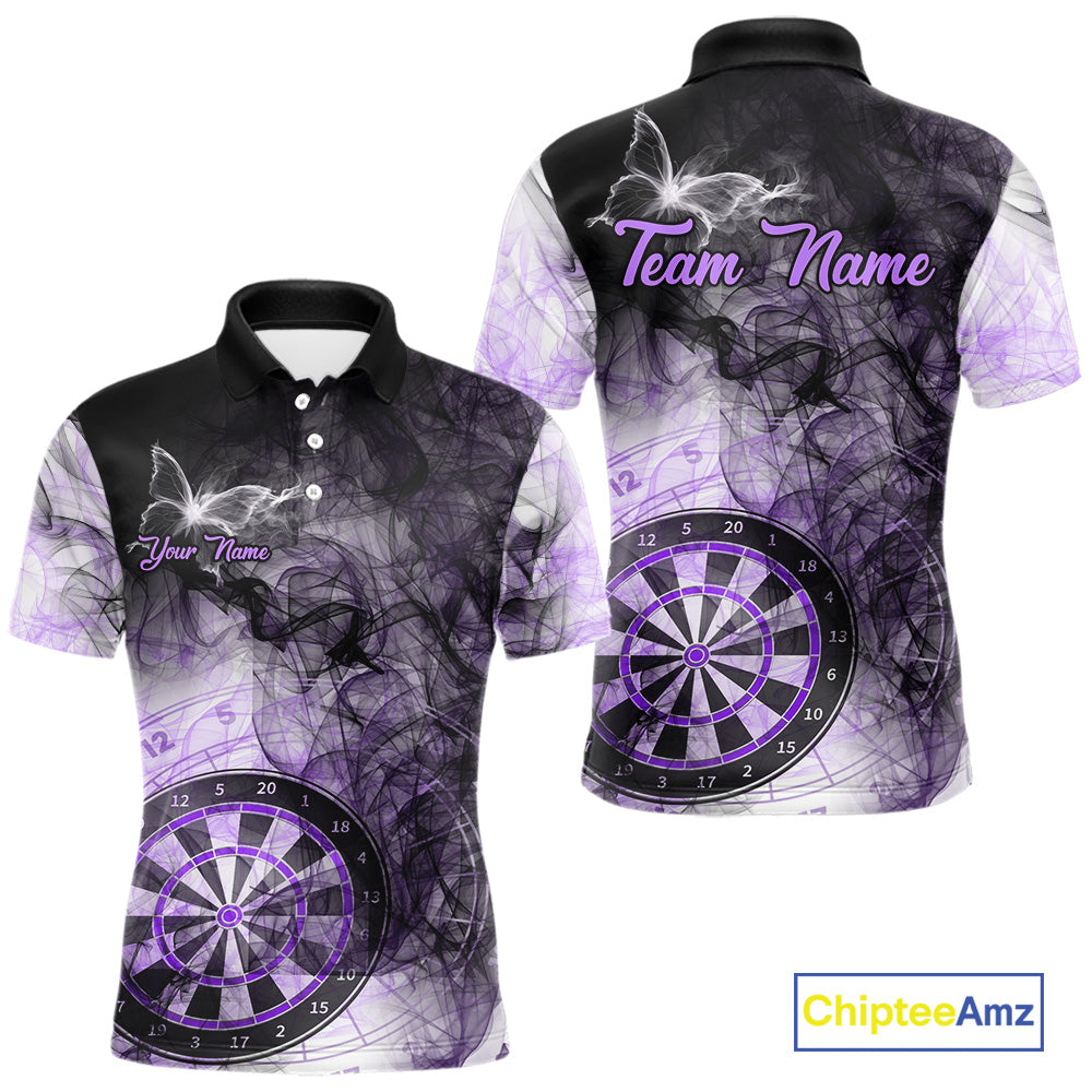 Purple butterfly smoke darts polo shirt for men with custom darts team graphics.