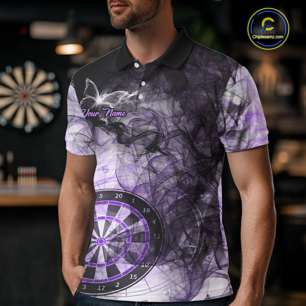 Man wearing a purple butterfly smoke darts jersey front view.