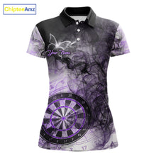Load image into Gallery viewer, Purple butterfly smoke darts polo shirt for women with custom darts team graphics.
