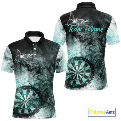 Turquoise butterfly smoke darts polo shirt for men with custom darts team graphics.