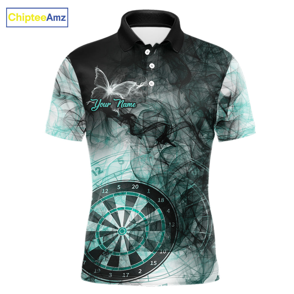 Turquoise butterfly smoke darts polo shirt for men with custom darts team graphics.