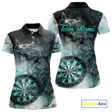 Load image into Gallery viewer, Turquoise butterfly smoke darts polo shirt for women with custom darts team graphics.