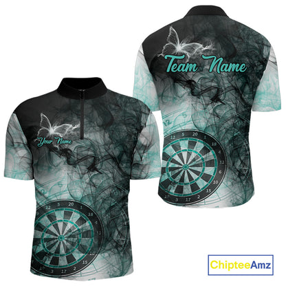 Turquoise butterfly smoke darts quarter zip shirt for men designed for league tournaments and team events.