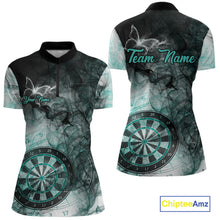Load image into Gallery viewer, Turquoise butterfly smoke darts quarter zip shirt with left chest pocket for women featuring custom darts team graphics.