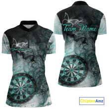 Load image into Gallery viewer, Turquoise butterfly smoke darts quarter zip shirt for women designed for league tournaments and team events.