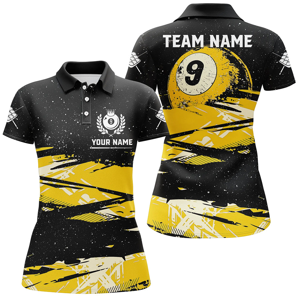 Custom Yellow Grunge Billiard 9 Ball Pool Women Polo/ Quarter-Zip Shirts, 9 Ball Billiard Jerseys TDM2060