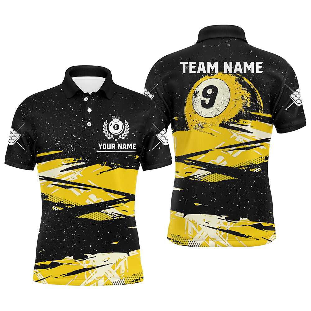 Custom Yellow Grunge Billiard 9 Ball Pool Men Polo/ Quarter-Zip Shirts, 9 Ball Billiard Jerseys TDM2060