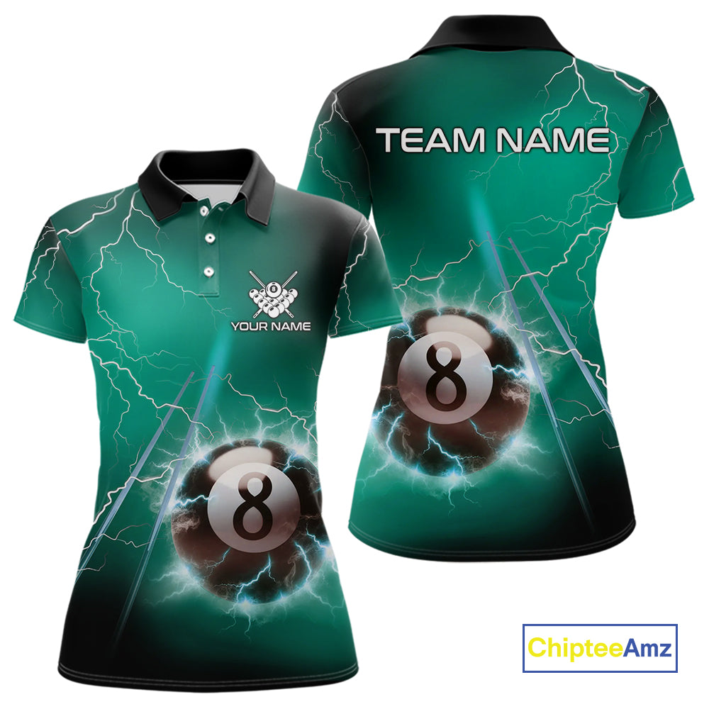 Personalized Turquoise Thunder Lightning 8 Ball Pool Billiard Shirt For Women, Billiard Team Jersey TDM4609