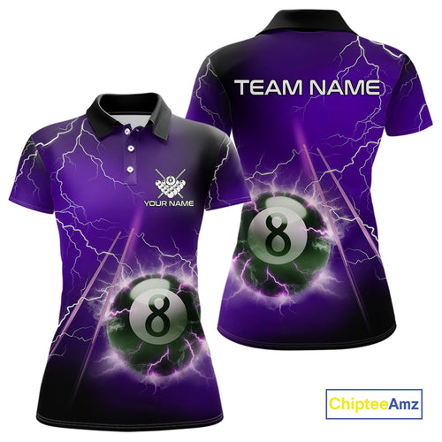 Personalized Purple 3D Thunder Lightning 8 Ball Pool Billiard Shirt For Women, Billiard Team Jersey TDM4610