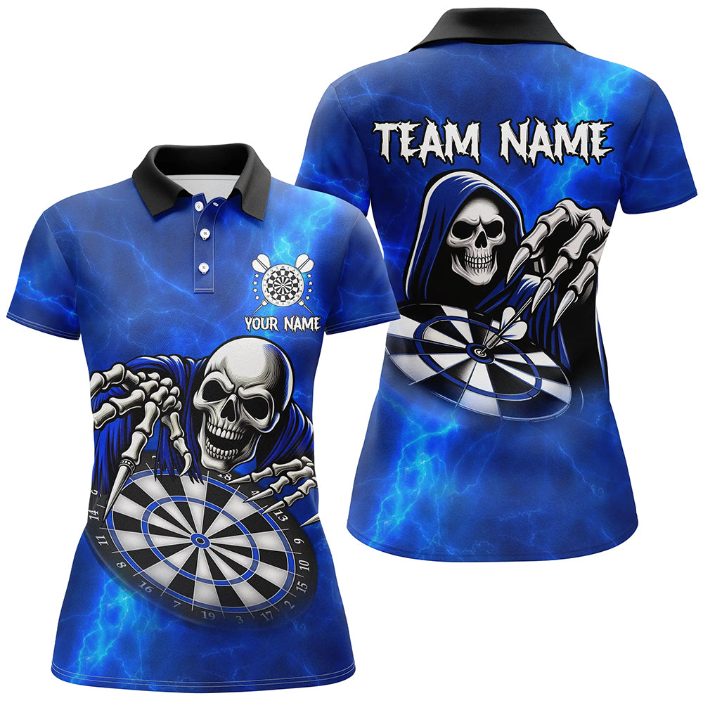Grim Reaper Custom Blue Dart Shirts For Women, Personalized Name 3D Skull Dart Team Jerseys TDM3018