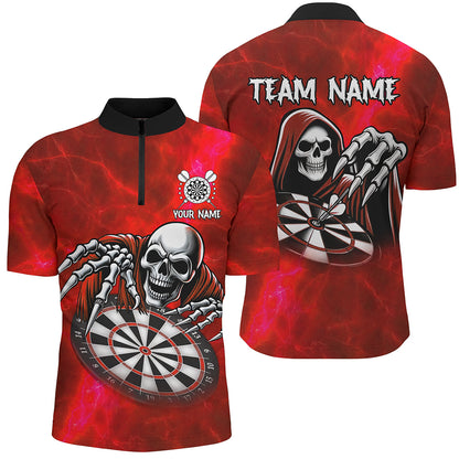 Grim Reaper Custom Red Dart Shirts For Men, Personalized Name 3D Skull Dart Team Jerseys TDM3019