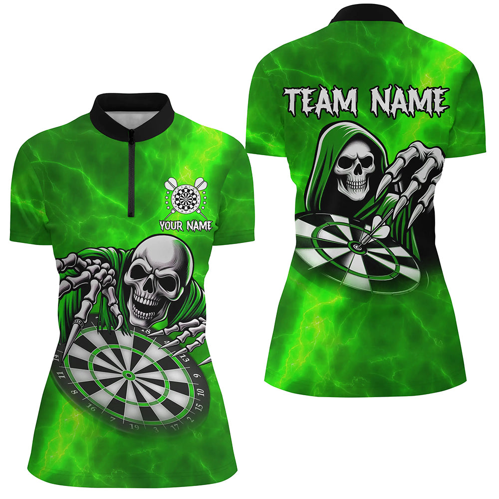 Grim Reaper Custom Green Dart Shirts For Women, Personalized Name 3D Skull Dart Team Jerseys TDM3020