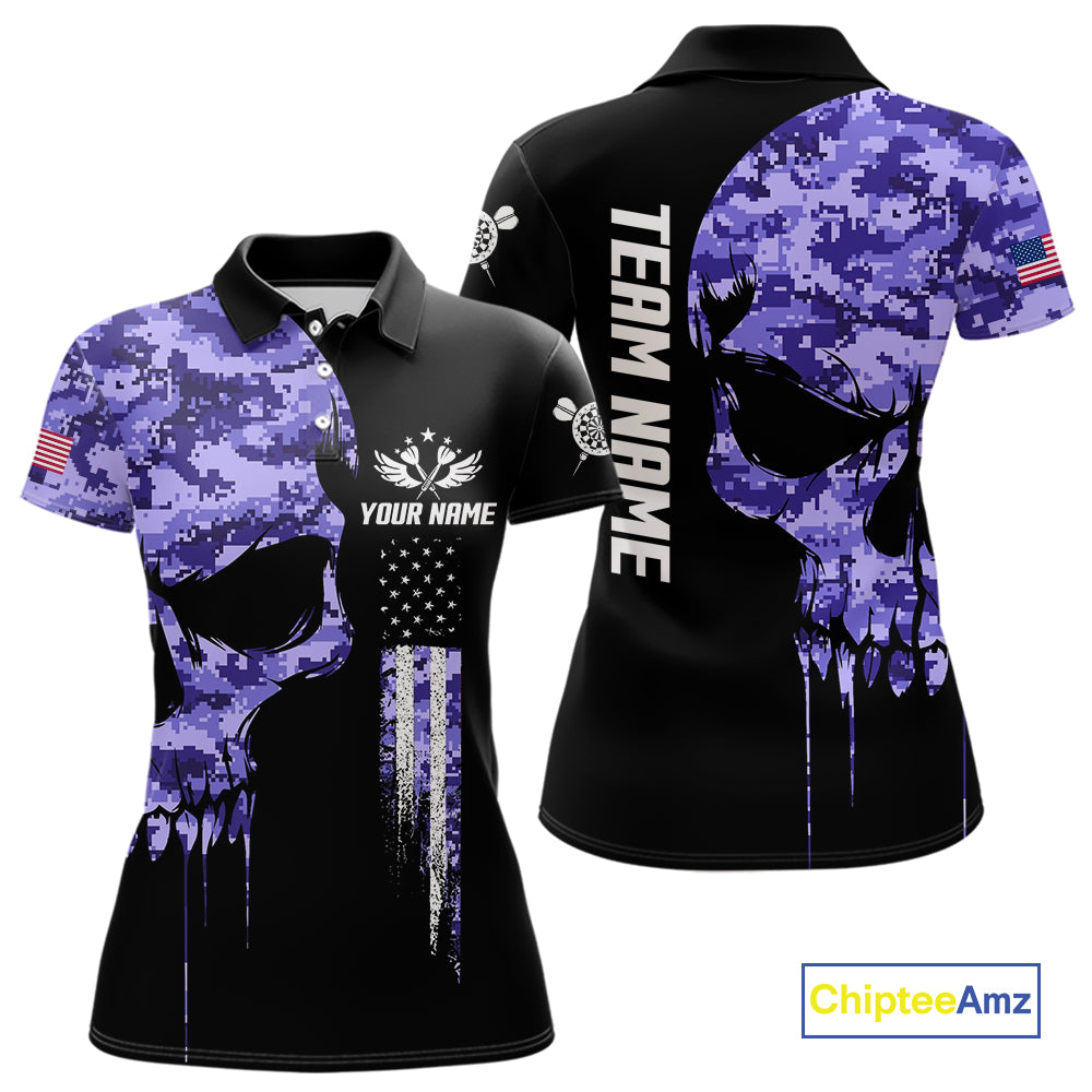 Purple Camouflage Skull Darts Shirt For Women Custom Patriotic US Flag Darts Jersey Polo & 1/4 Zip TDM5250