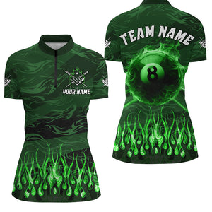 Personalized Green Flaming 8 Ball Pool Cue Fire Billiard Shirts For Women Team League Billiard Jersey TDM3254