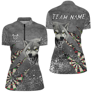 Personalized Grey Grunge Wolf Dart Shirts For Women, Darts League Team Shirts Cool Dart Jerseys TDM3317