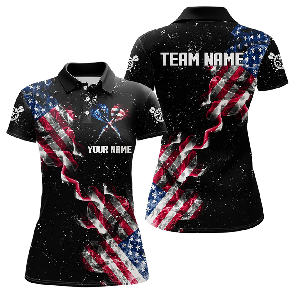 Customized Grunge US Flag Smoke Darts Polo & Quarter-Zip Shirts, Patriotic Darts Jerseys For Women TDM3455